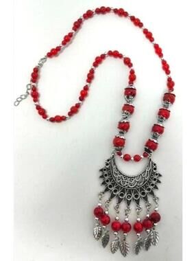 Red Beaded Boho Necklace
